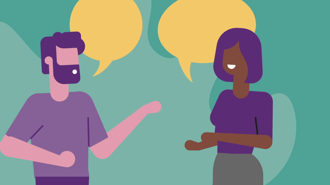 A digital graphic of a man and woman talking with comic speech bubbles (no words contained in the speech bubble)