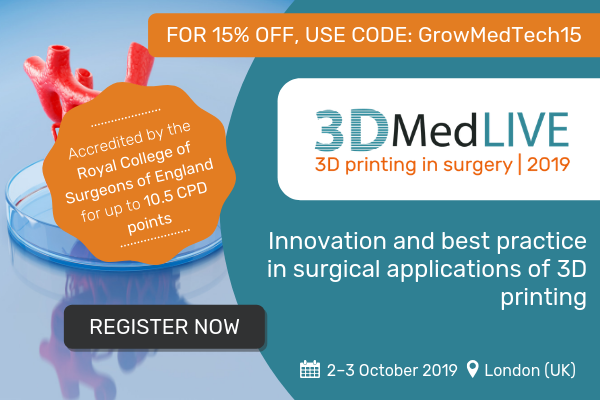A promotional poster for the 3DMedLive event, with the 15% off discount code: GrowMedTech15