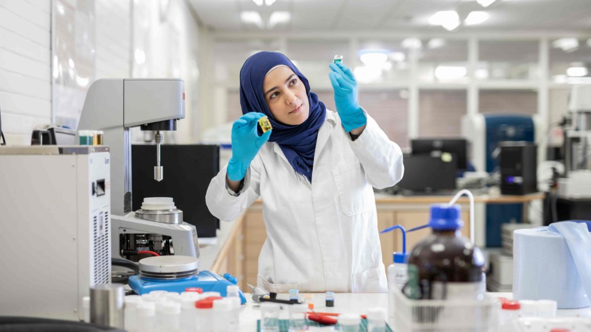 A picture of a female researcher working developing an advanced material for use in medtech